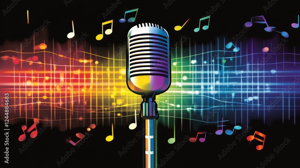 Poster a creative representation of a microphone surrounded by sound waves and musical notes, visually illu