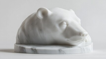Obraz premium White marble sculpture of a sleeping polar bear resting on a marble base.