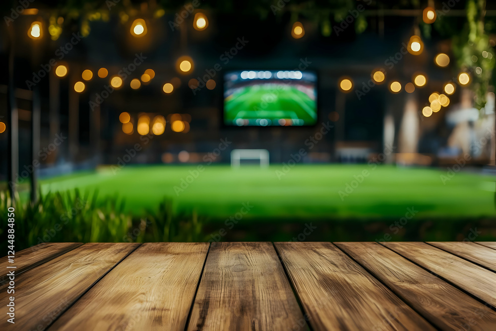 Poster empty wooden table with blurred sports field background at night displaying a game on a screen.