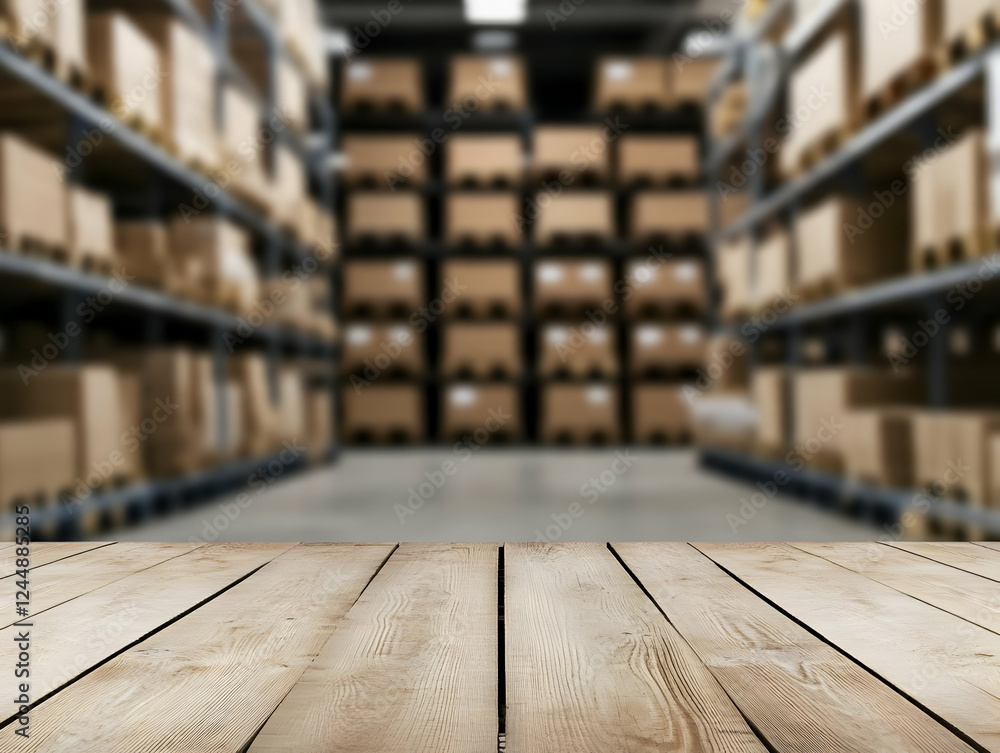 Poster empty wooden table top with blurred warehouse background for product display or design with storage 