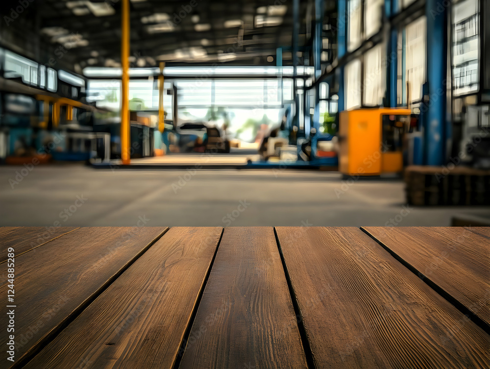 Poster empty wooden table top with blurred factory background for product display montage.