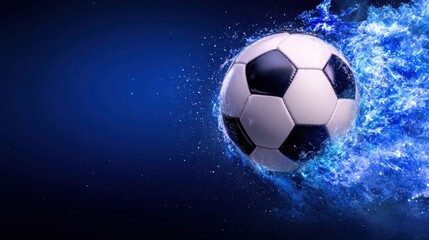 Fototapeta premium Dynamic closeup of a glowing soccer ball mid flight surrounded by a powerful blue energy field and dramatic atmosphere This digital captures the intense speed motion