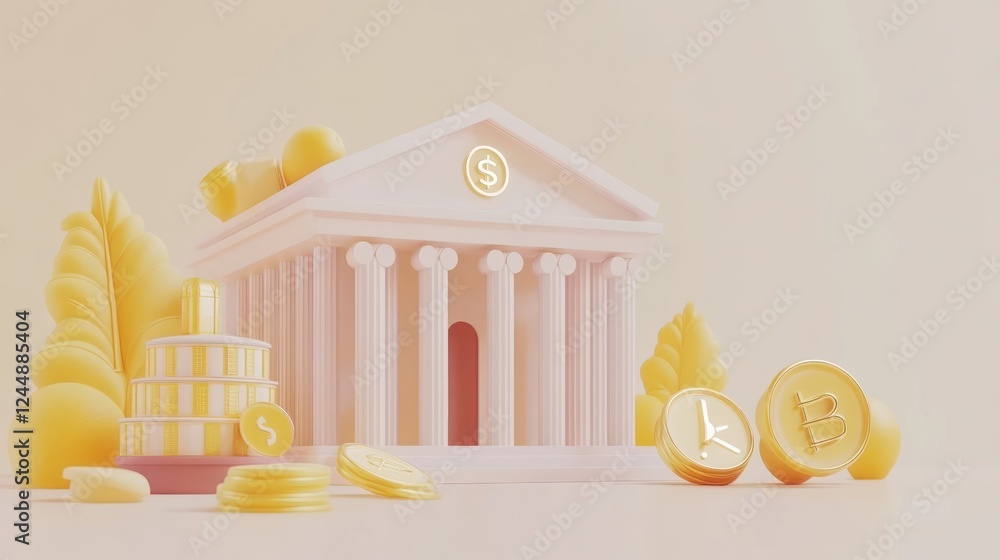Poster 3d rendering of a bank building with coins and currency symbols.