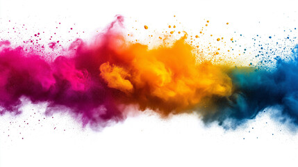 Vibrant Holi color powder explosion with pink, orange, and blue hues against a white background, representing joy, freedom, and the spirit of festive celebration.