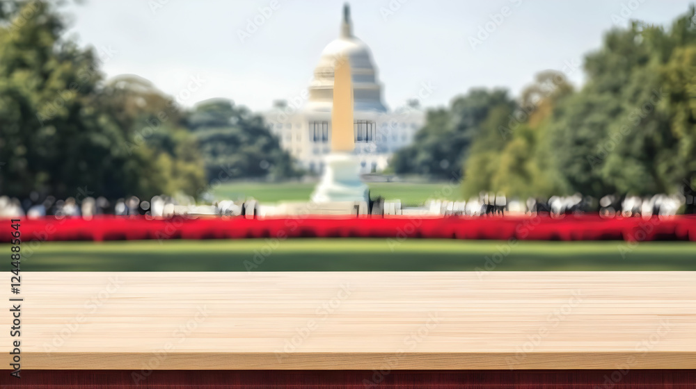Poster empty wooden table top with blurred building background for display or montage