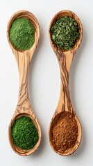 A wooden spoon with green spices and herbs, showcasing natural ingredients for cooking.