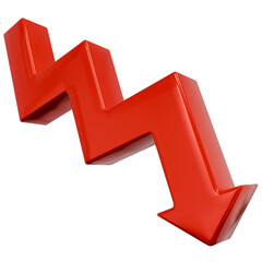 3D Render Red Arrow Loss Fall Down Icon. Fail Finance Business Economics Progress Data Presentation Concept.