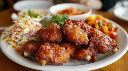 Fototapeta premium A deliciously crispy plate of fried pork ribs arranged artistically, with vibrant sides of coleslaw and grilled vegetables, showcasing a tempting and hearty meal.