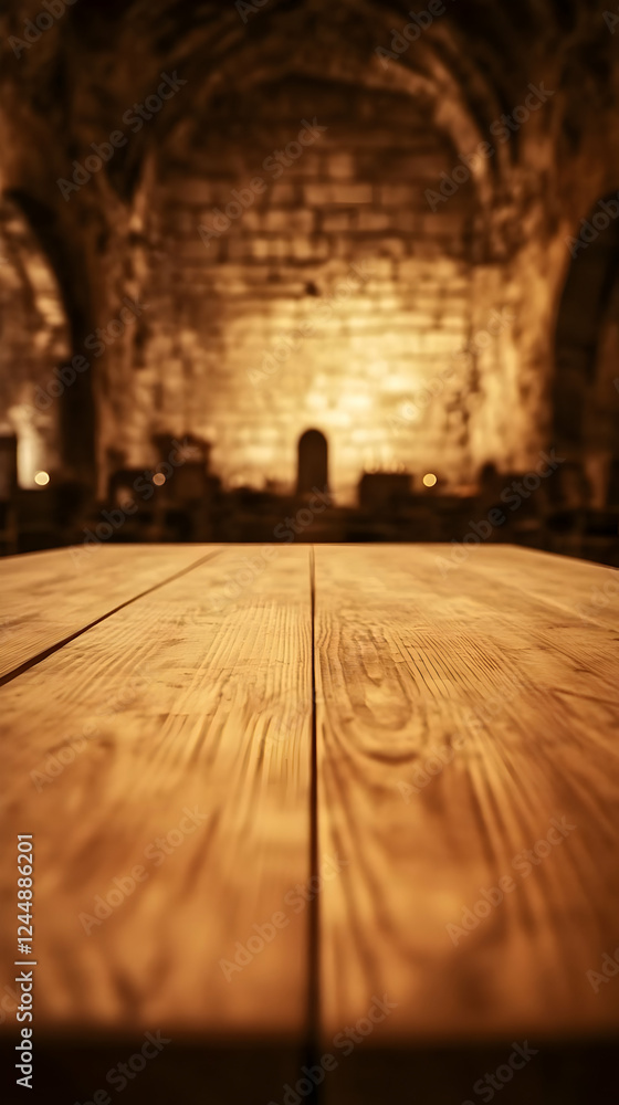 Aufkleber empty wooden table in a blurred stone cellar background creates a rustic and atmospheric scene
