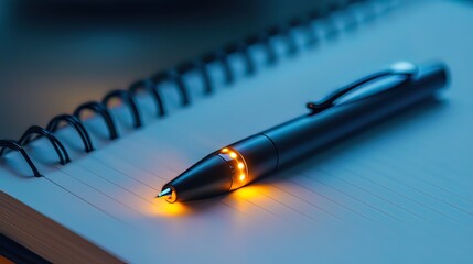 Illuminated pen rests on spiral notebook in dim light.