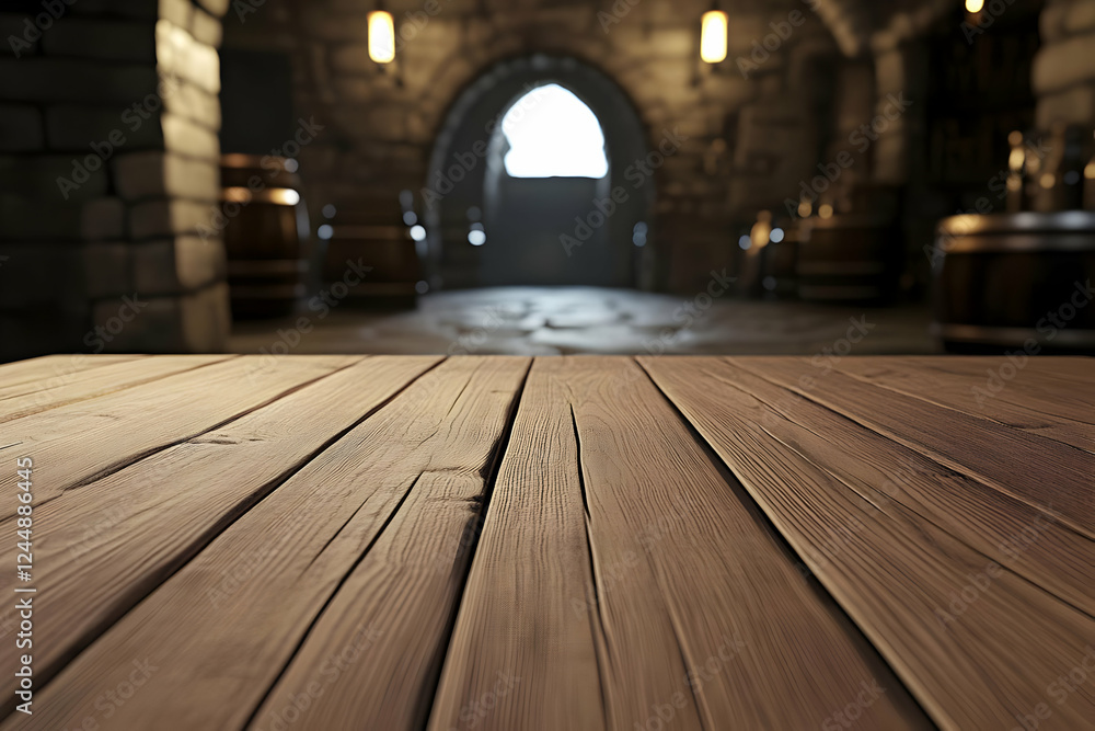 Poster empty wooden table in a cellar with barrels and archway background with soft lighting