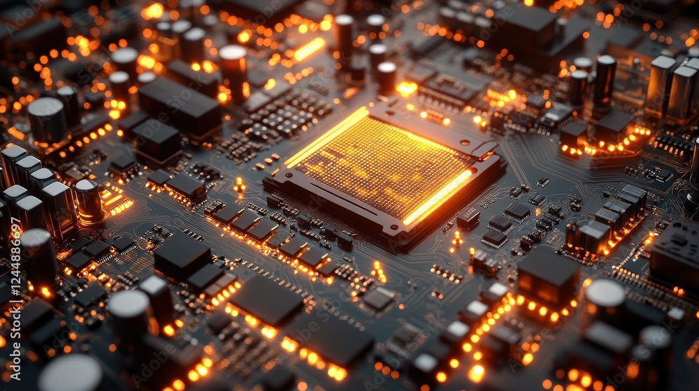 Aufkleber close-up view of a glowing microchip on a circuit board surrounded by electronic components