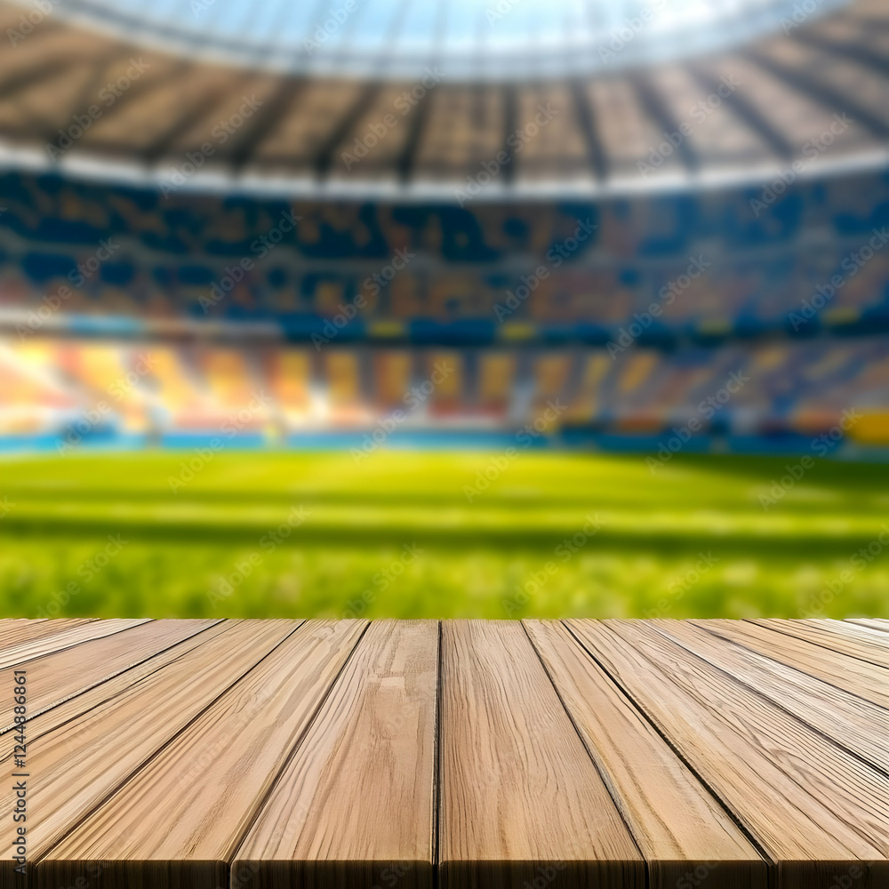 Poster empty wooden table top with blurred stadium background for product display and presentation.