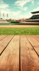 Obraz premium Empty wooden table top with blurred baseball field background perfectly showcasing products effectively.