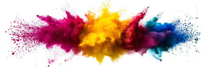 Stunning horizontal Holi powder explosion in pink, yellow, blue, and red against a white background, capturing the vibrant energy of festival celebrations.