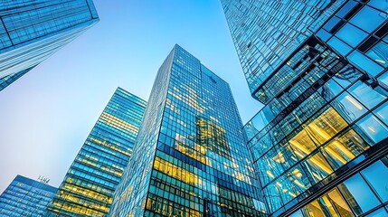 Low angle view of modern skyscrapers at dusk.