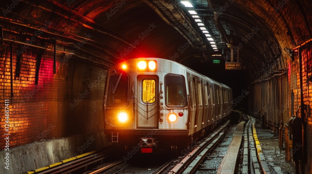 Poster A dramatic shot of a subway train entering a dimly lit tunnel, with bright headlights illuminating the dark passageway, creating a sense of motion and excitement.