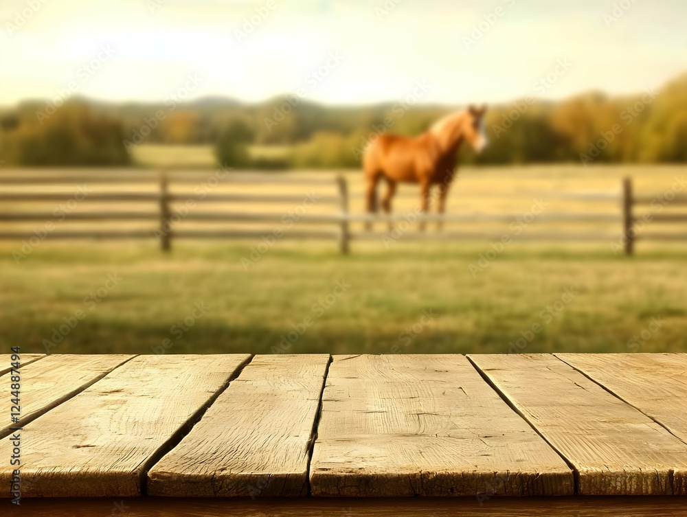 Poster empty wooden table with blurred horse in paddock background for product display