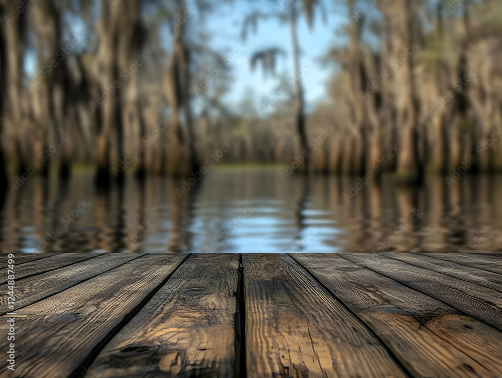 Poster empty wooden pier overlooking a serene swamp with cypress trees in soft focus