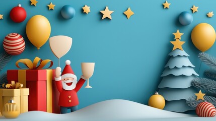 Festive Paper Cut New Year Party Scene with Christmas Tree Gifts Ornaments Balloons and Other Colorful Holiday