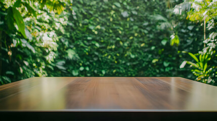 Fototapeta premium Empty Wooden Table Top with Blurred Green Leaves Background Creates a Natural and Serene Atmosphere.