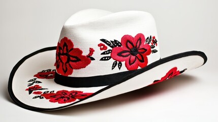 A decorative white cowboy hat adorned with vibrant red floral embroidery.