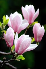 Naklejka premium A close-up of delicate pink magnolia flowers on a branch against a dark background.
