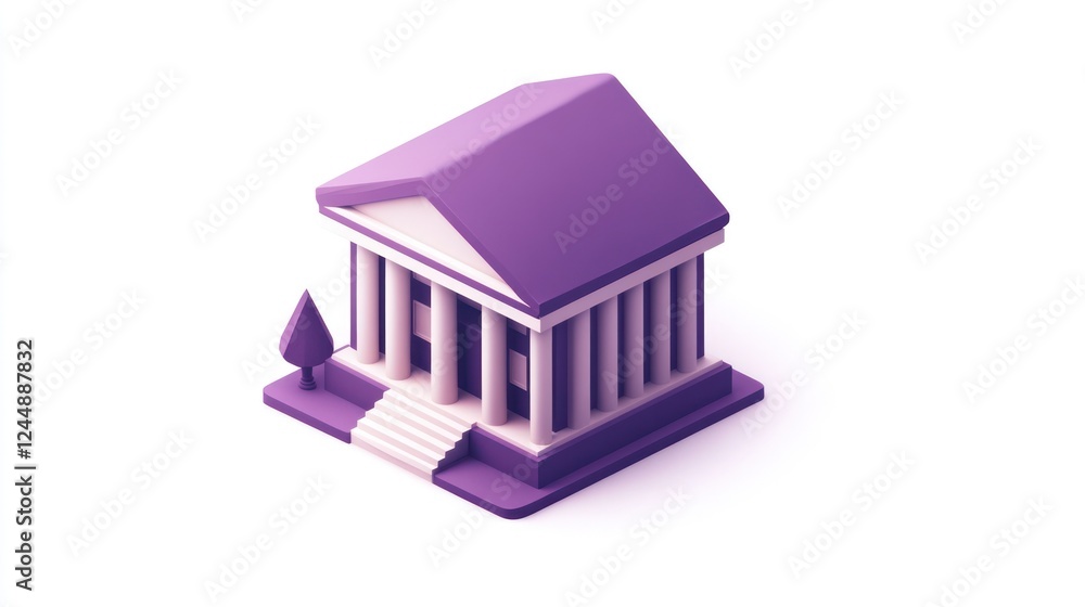 Poster isometric illustration of a purple classical building with columns and a tree.