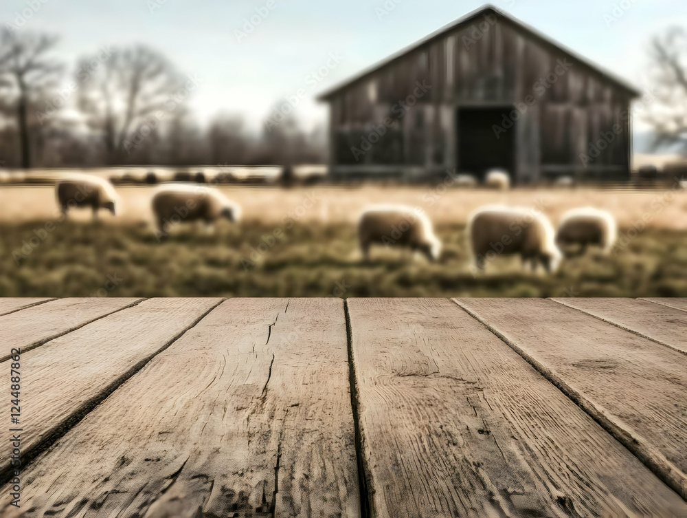 Poster empty wooden table top with blurred sheep and barn background for product display