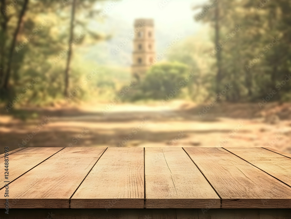 Poster empty wooden table top with blurry forest and tower background for product display.