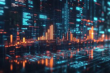 Fototapeta premium Futuristic digital financial data visualization with glowing graphs and analytics in a cyber technology style