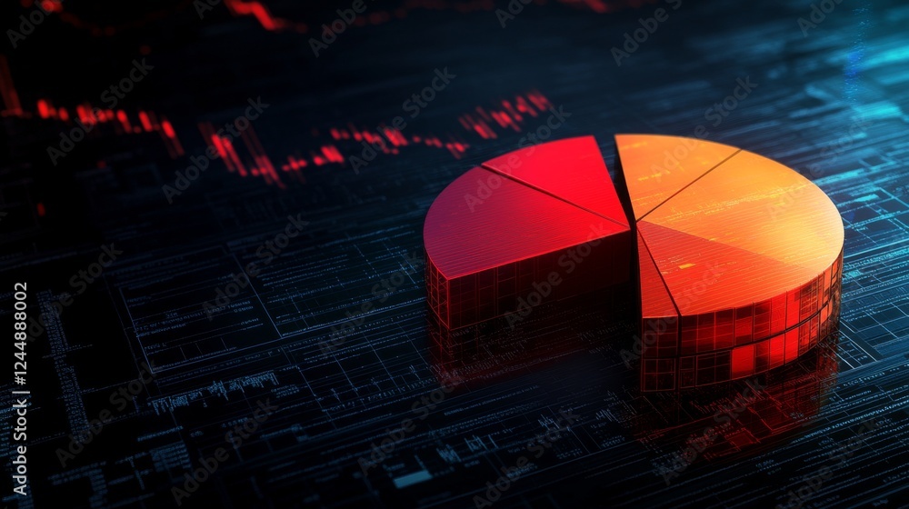 Poster a dynamic financial pie chart with segmented slices, showing investment portfolio allocation, overla