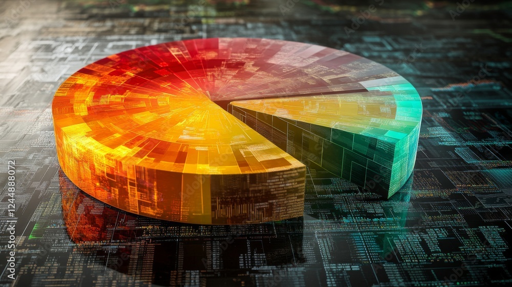 Leinwandbilder A dynamic financial pie chart with segmented slices, showing investment portfolio allocation, overlaid on a digital background filled with stock market trends.
