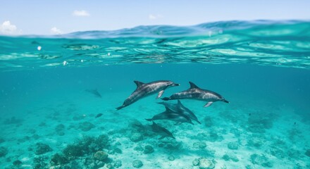 Fototapeta premium Celebrating dolphin awareness month with playful dolphins in crystal clear ocean waters