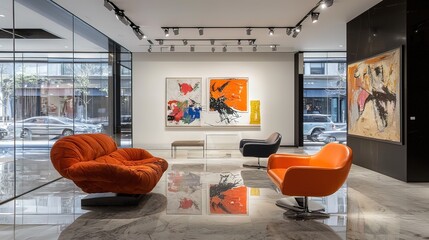 Modern art gallery interior with orange armchairs, paintings, and polished floors.
