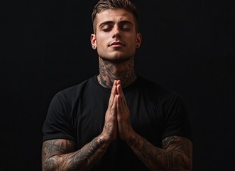 Tattooed Man Praying Peaceful Meditation Photo