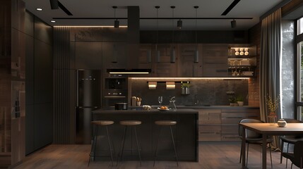 Dark kitchen interior with scandinavian style and dark wooden background