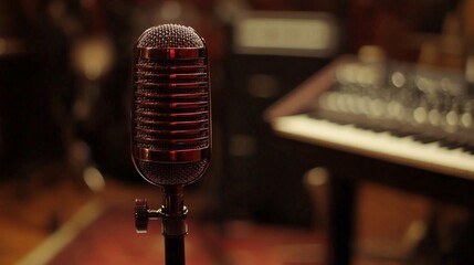 A dynamic shot of a modern condenser microphone on a sleek black stand, set against a blurred background of music studio equipment, emphasizing audio quality