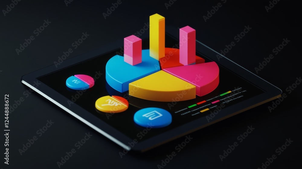 Fototapete A financial pie chart highlighting different revenue streams for a startup, with vivid colors and icons for each segment, displayed on a sleek digital tablet.