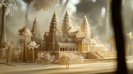Intricate wooden model of Angkor Wat temple in misty forest setting.