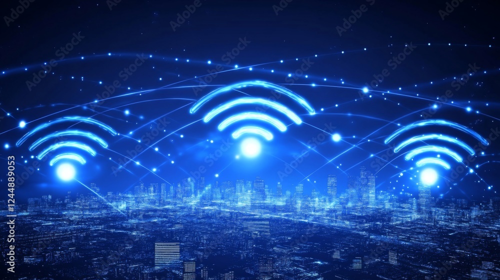 Leinwandbilder a futuristic image of a city skyline with wireless signals represented graphically in the air, illus