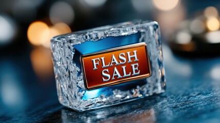 Floating crystal label with a laser etched flash sale message promoting a special offer or discount in a modern clean and eye catching display  The transparent glass like cube creates a digital