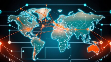 Fototapeta premium Advanced cyber network visualization with a digital world map, representing cloud computing, internet connectivity, AI-driven data flow, and technological advancements
