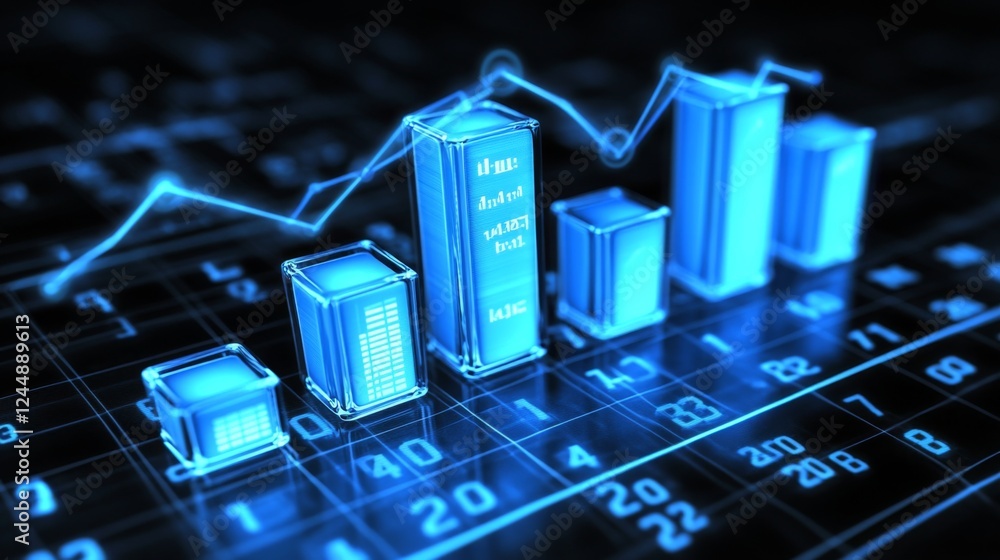 Poster A high-tech D bar graph with glowing blue bars and digital numbers floating around them, symbolizing complex financial data and analysis.