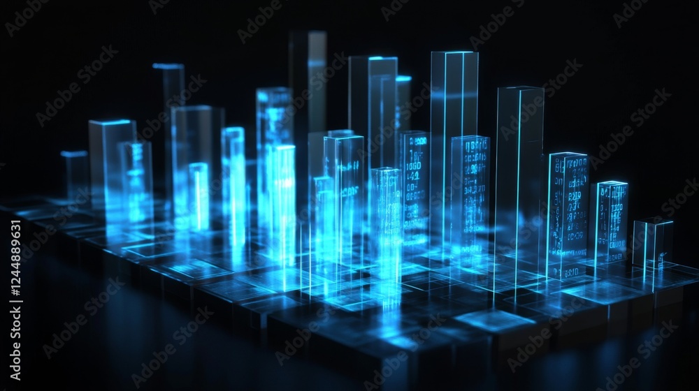 Poster a high-tech d bar graph with glowing blue bars and digital numbers floating around them, symbolizing