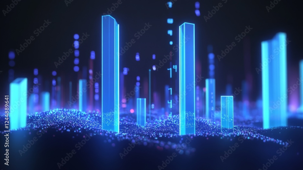 Poster a high-tech d bar graph with glowing blue bars and digital numbers floating around them, symbolizing