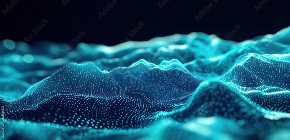 Poster abstract teal digital landscape; glowing particle wave pattern.