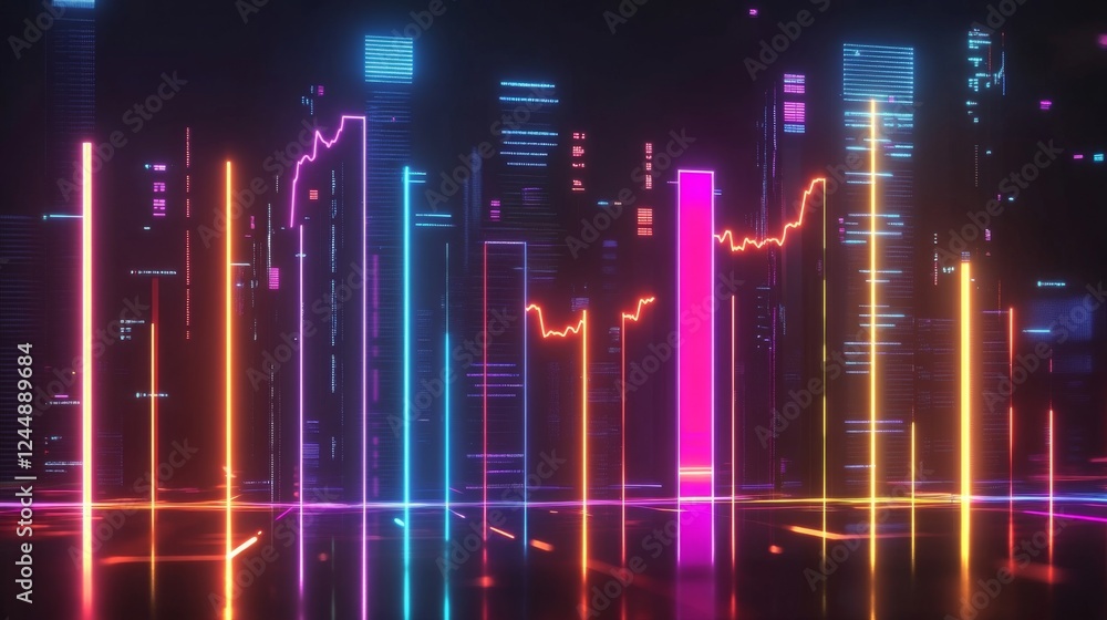 Poster a high-tech bar chart featuring glowing neon bars, representing financial trends, set against a dark