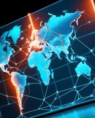 Glowing digital world map with interconnected data points, symbolizing internet security, cloud computing, AI networks, and the evolution of global cyber communication

