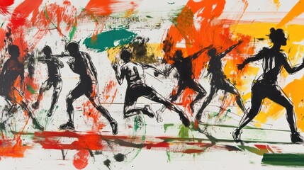 Abstract painting of athletes in dynamic motion, vibrant colors and energetic brushstrokes.